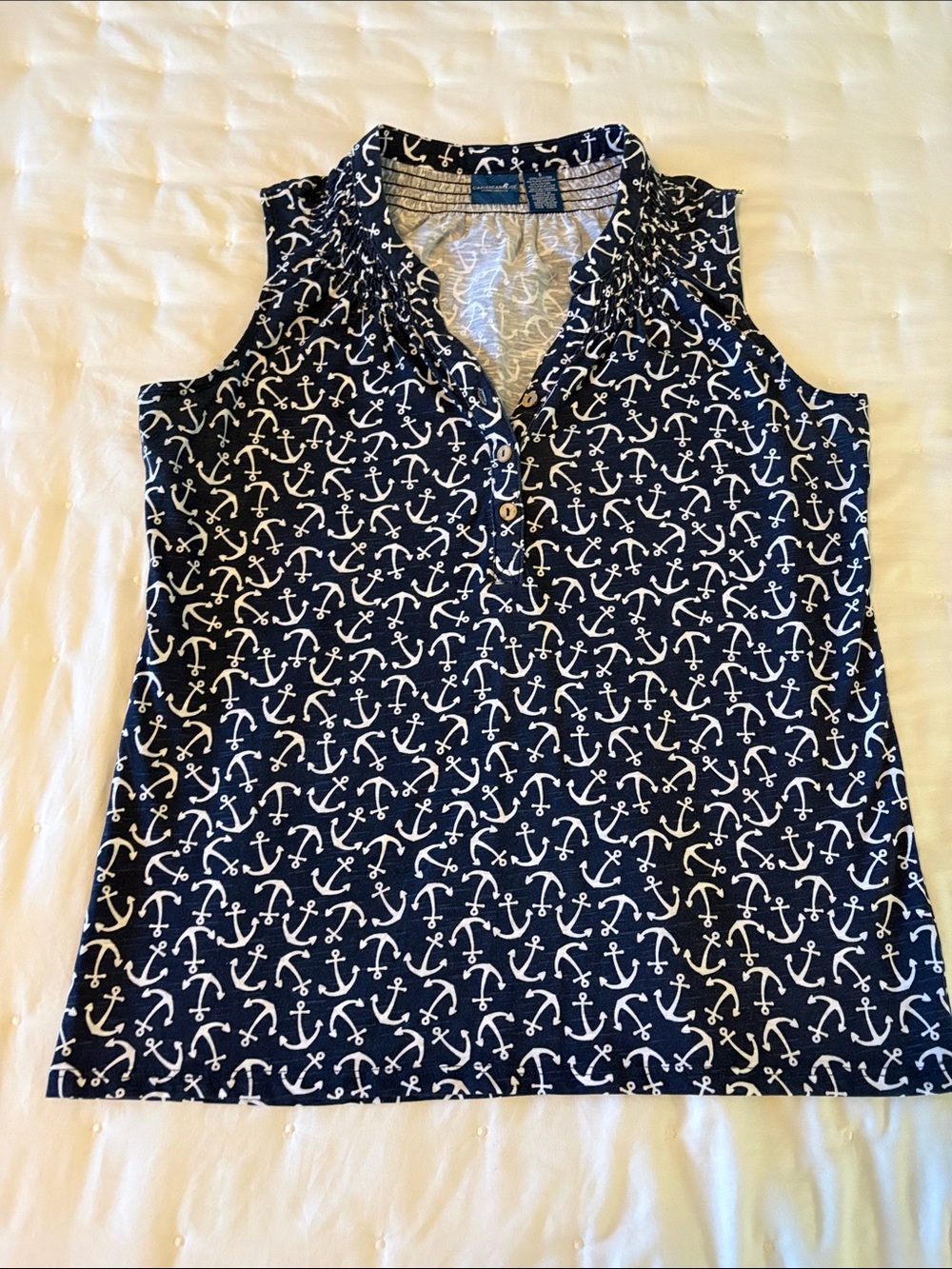 Caribbean Joe Navy and White Anchor Print Sleeveless Henley Tank